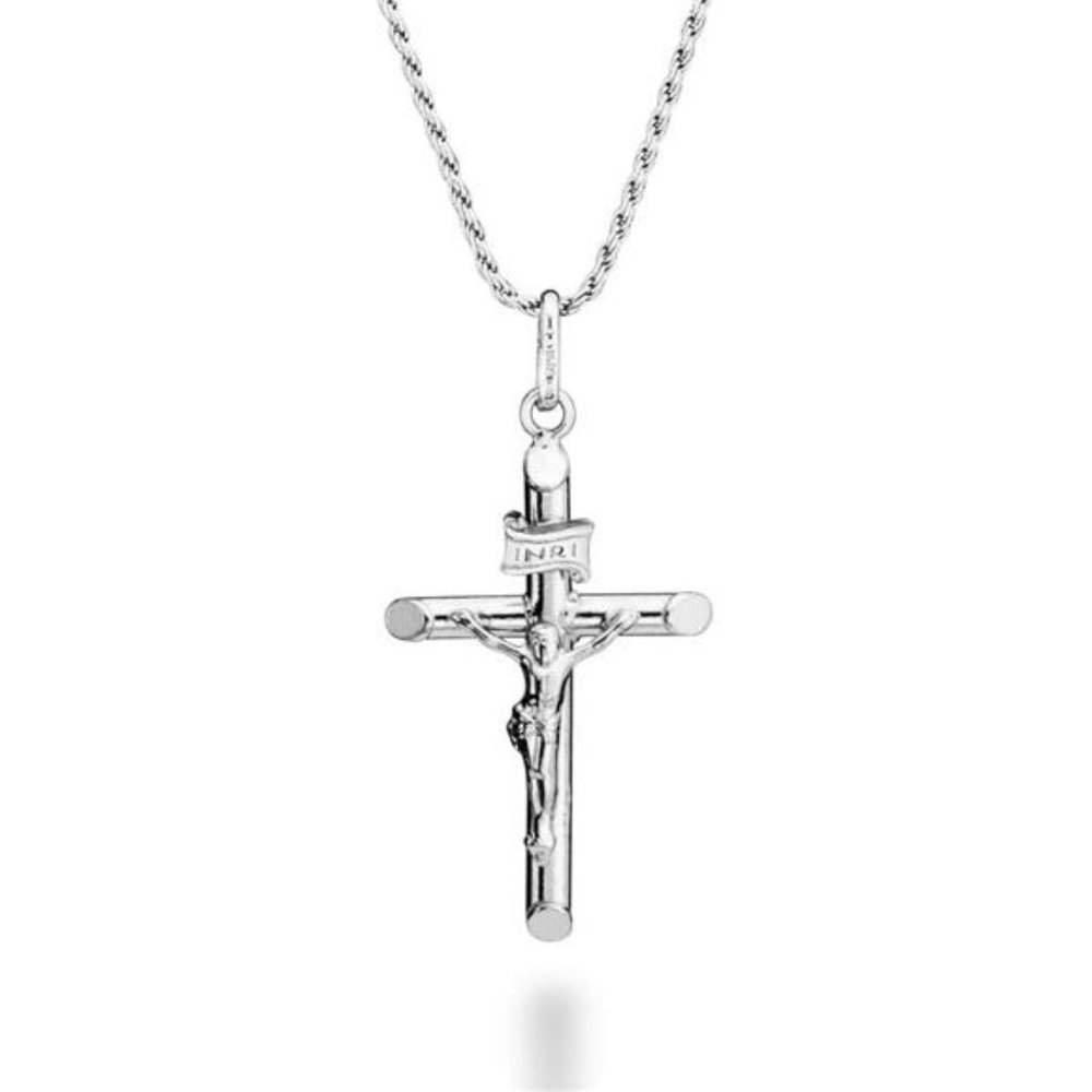 Unisex 925 Sterling Silver Small Crucifix Cross Pendant with Rope Chain
